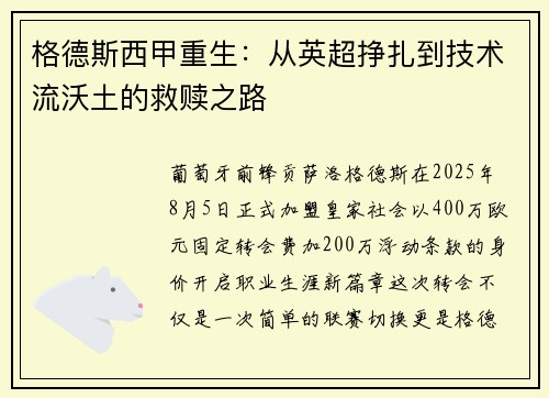 格德斯西甲重生：从英超挣扎到技术流沃土的救赎之路