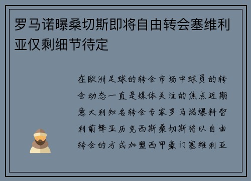 罗马诺曝桑切斯即将自由转会塞维利亚仅剩细节待定